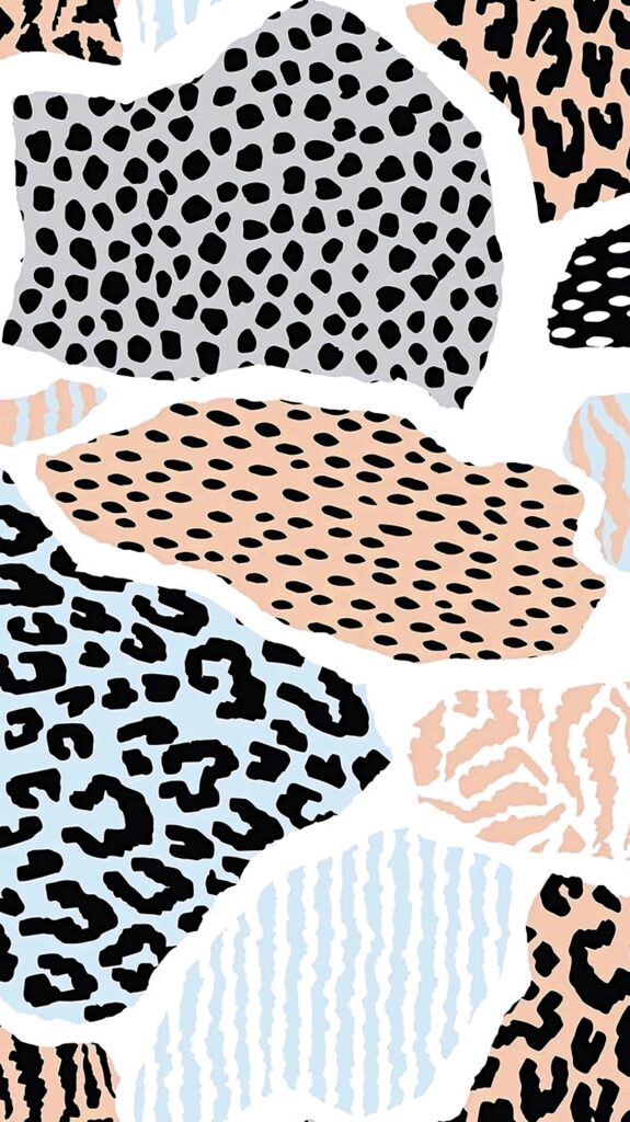 Abstract cow print wallpaper with black spots on gray beige and pastel blue modern background