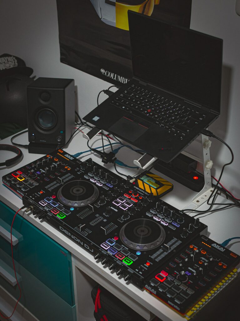 Modern DJ Setup Wallpaper: Denon Controller & Studio Monitors
