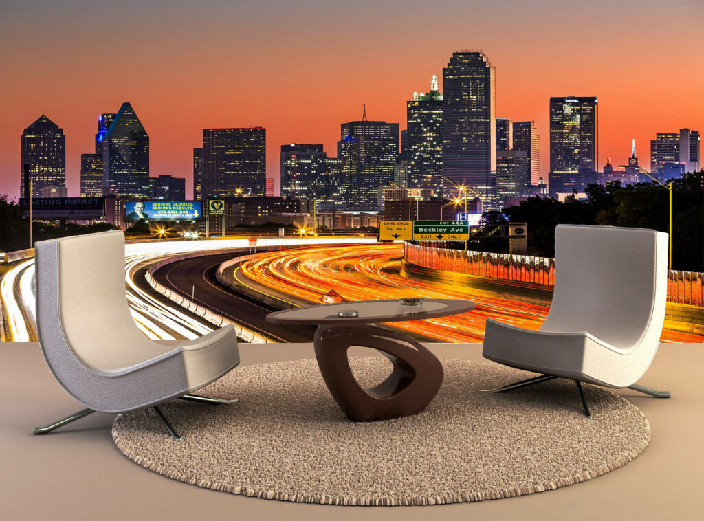 Modern Seating with Dallas Skyline Sunset - Elegant Wallpaper