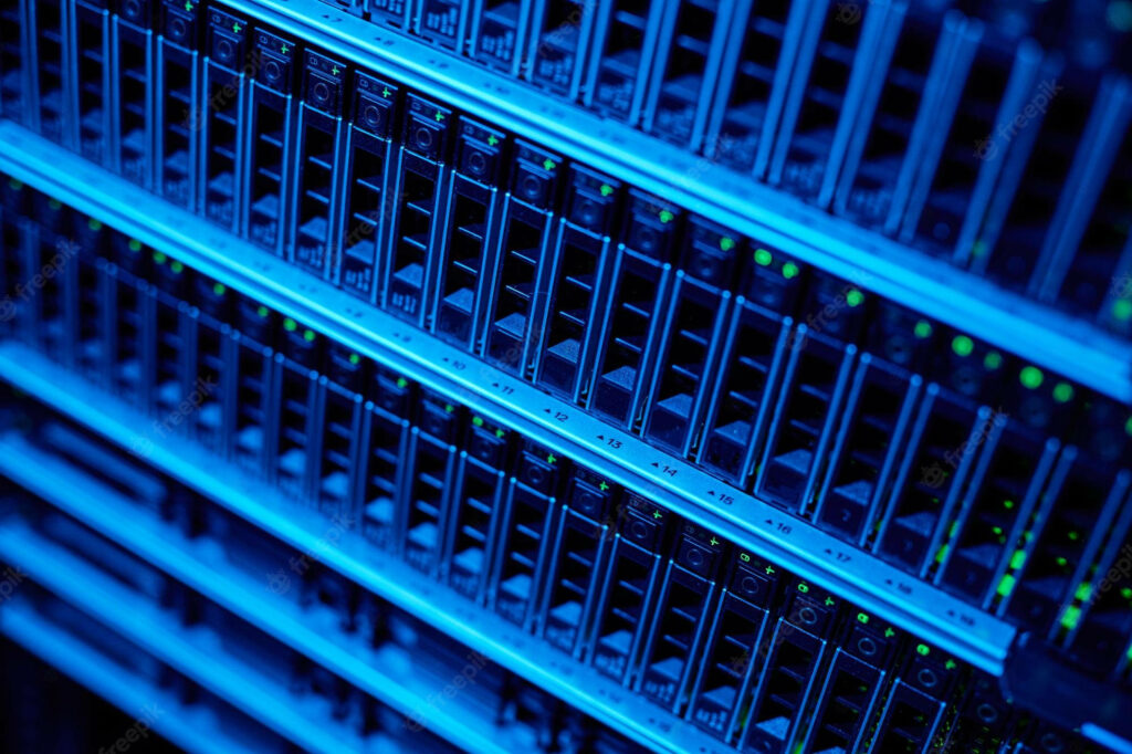 Close-up of modern data center with blue-lit server racks and high-tech network hardware rows Wallpaper