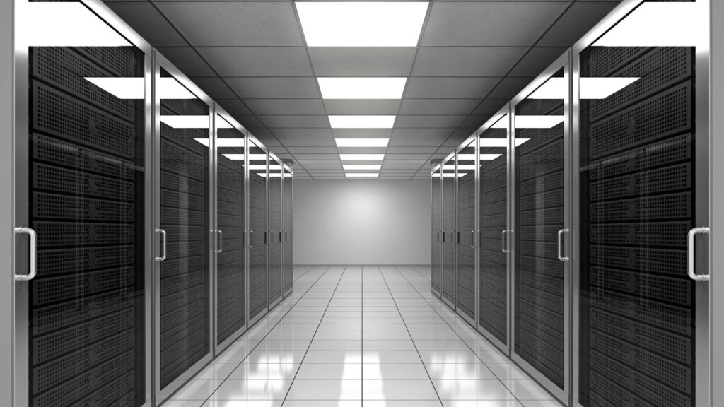 Modern data center with black server racks and bright ceiling lights on polished floors wallpaper