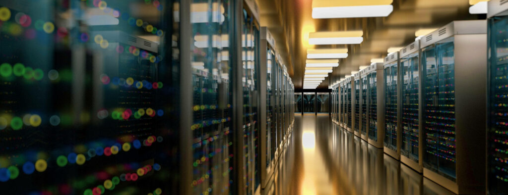 Modern data center with illuminated server racks and colorful blinking LEDs in a sleek room Wallpaper