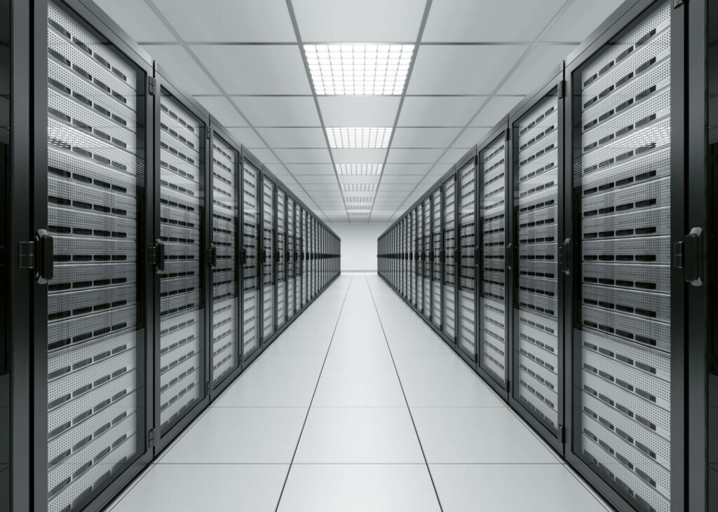 Modern Database Center Aisle Wallpaper: Sleek, High-Tech Design