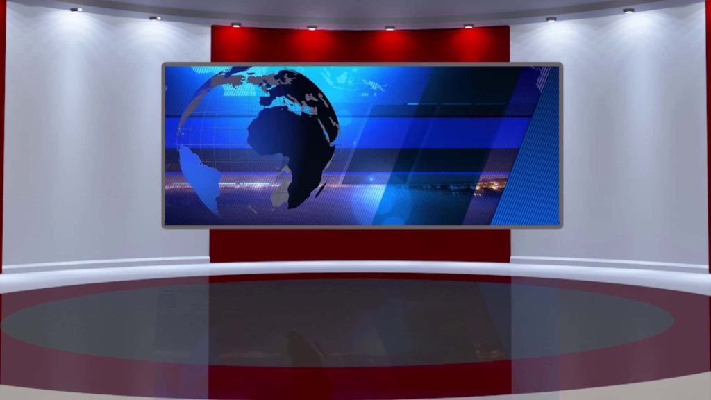 Modern digital news studio background with curved white walls and global graphic screen Wallpaper