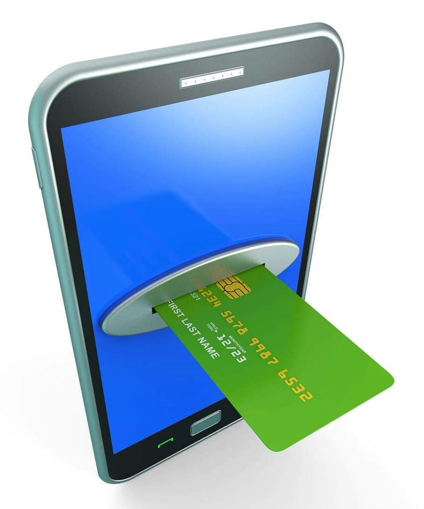Green credit card inserted into smartphone screen digital payment mobile finance wallpaper background