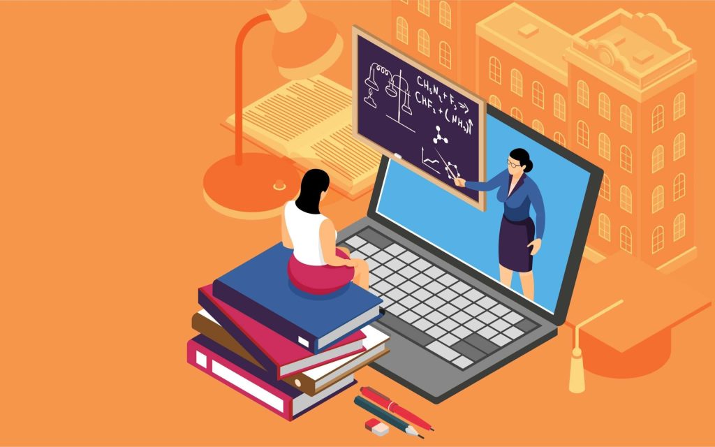 Isometric e-learning scene student studying chemistry online with laptop books academic icons Wallpaper