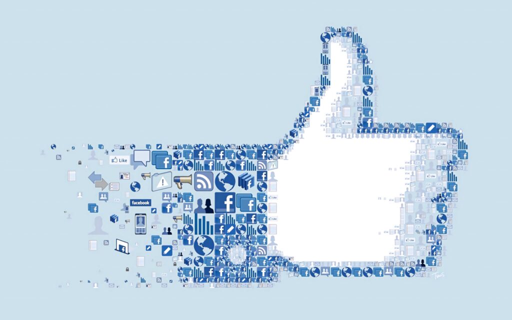 Facebook wallpaper with thumbs-up made of social media icons in blue and white minimalist style