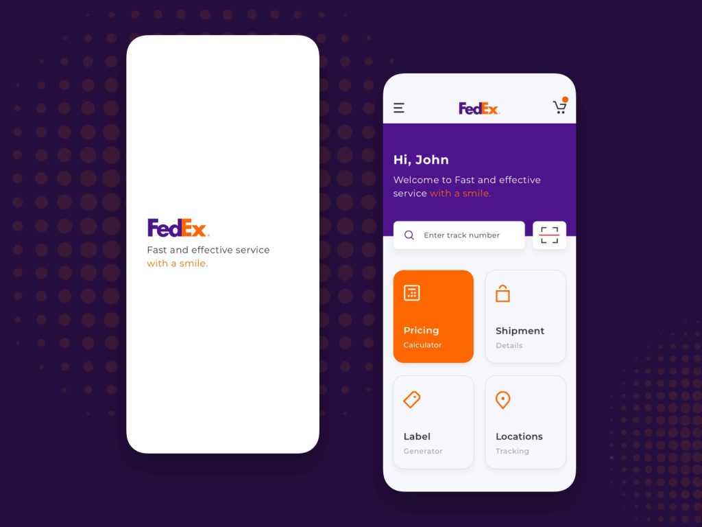 FedEx mobile app UI wallpaper dark purple halftone shipment tracking pricing tools design