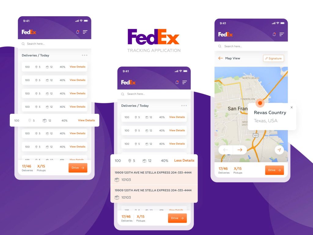 FedEx tracking app UI with delivery lists package details and map view in modern purple theme Wallpaper