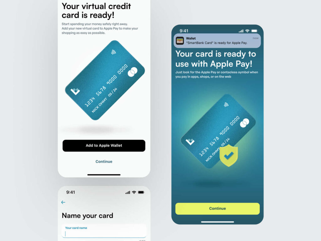 Modern fintech app interface adding virtual blue credit card to Apple Pay with clean UI elements Wallpaper