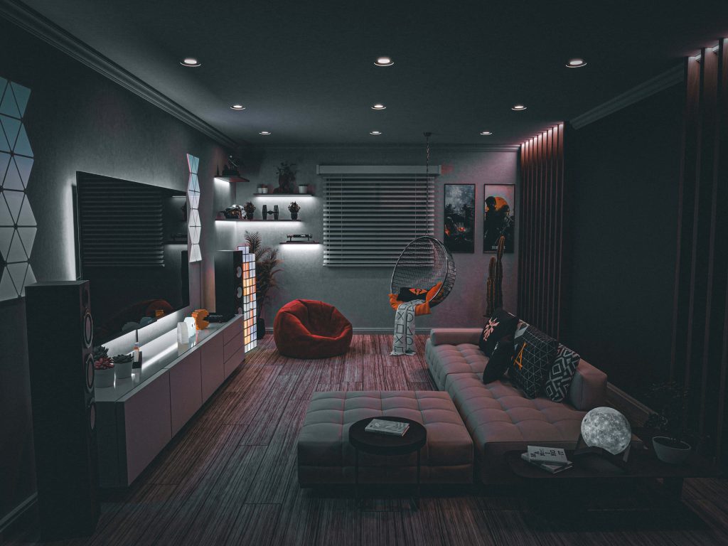 Modern gaming room with plush sectional, large TV, hanging egg chair, and ambient lighting Wallpaper