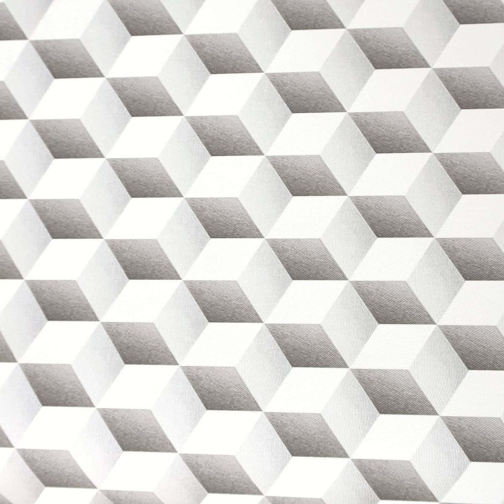 Modern geometric wallpaper with 3D grey cubes on white minimalist square background pattern