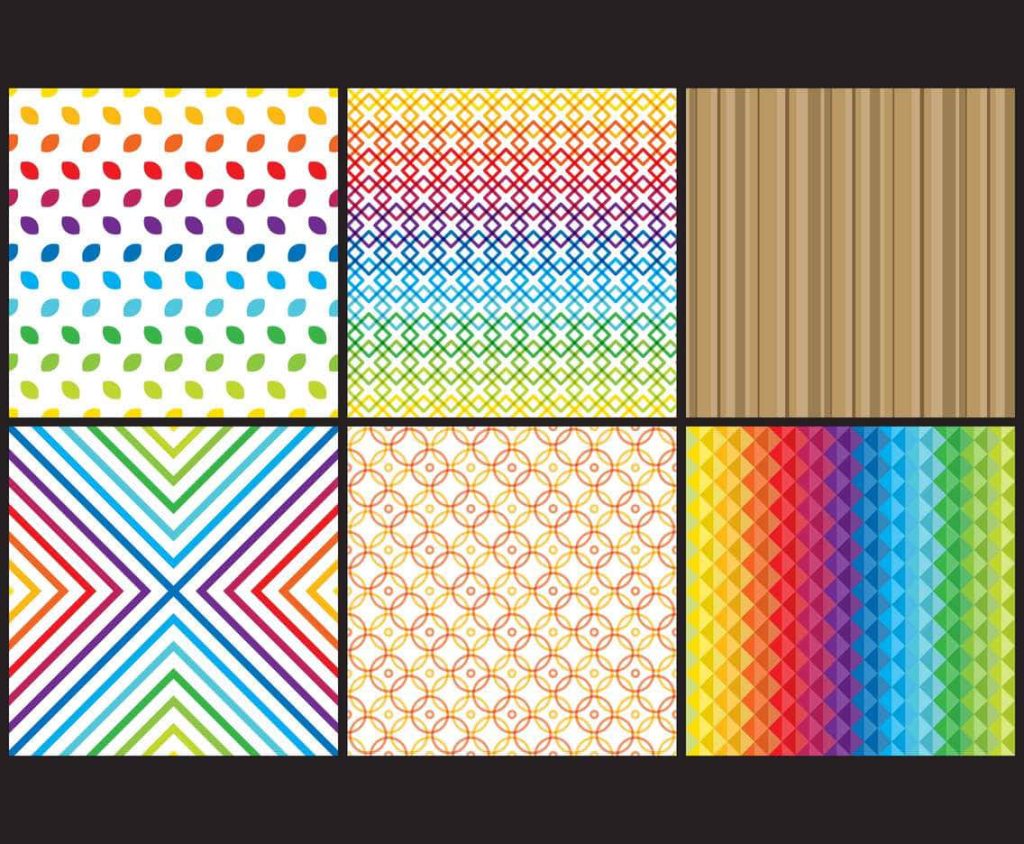 Set of six colorful geometric digital patterns including leaves stripes chevrons circles mosaic background Wallpaper