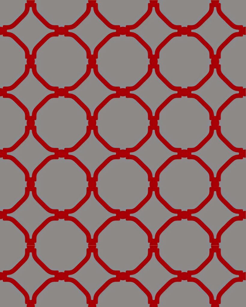 Bold modern wallpaper with interconnected red circles on smooth gray geometric background