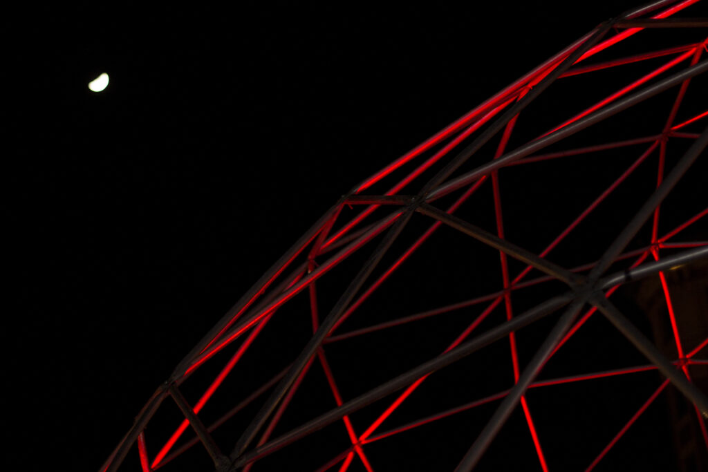 Modern Geometric Wallpaper: Dark Cage Design with Red Lines & Moon