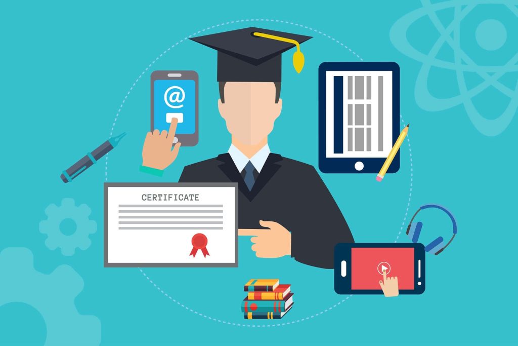 Vector illustration of graduate with cap gown surrounded by digital learning icons on teal background Wallpaper