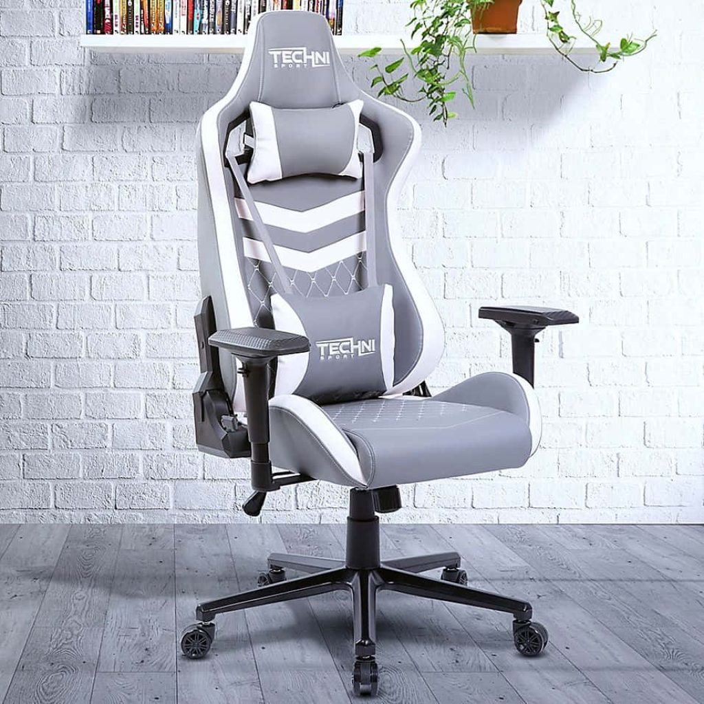 Modern gray and white Techni Sport gaming chair wallpaper with white brick wall and wood floor