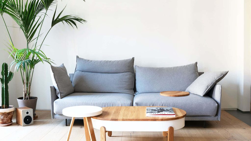Modern grey couch virtual background bright minimalist living room palm plant cactus coffee table Wallpaper