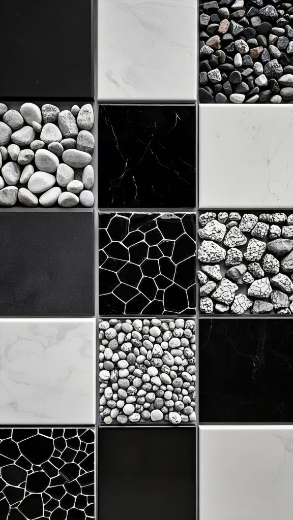 Modern grid wallpaper with mixed-tone tiles of marble matte stone and geometric mosaic textures