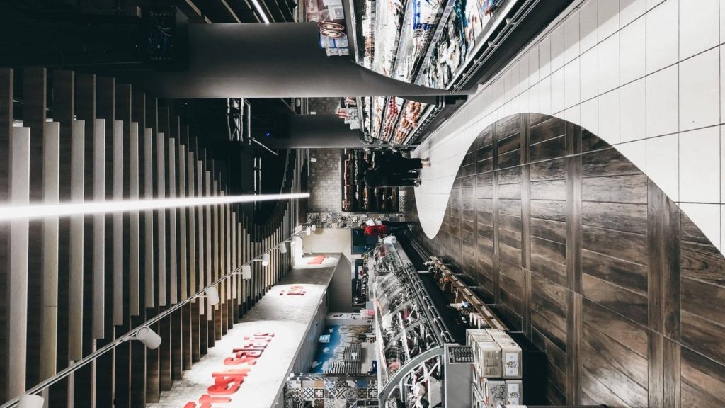 Modern grocery store interior wallpaper upscale supermarket wood ceiling tiles flooring design