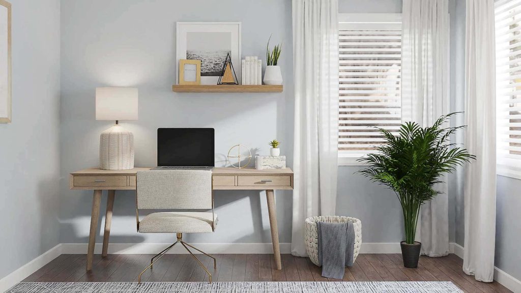Modern home office Zoom background with wooden desk chair floating shelves light blue walls Wallpaper