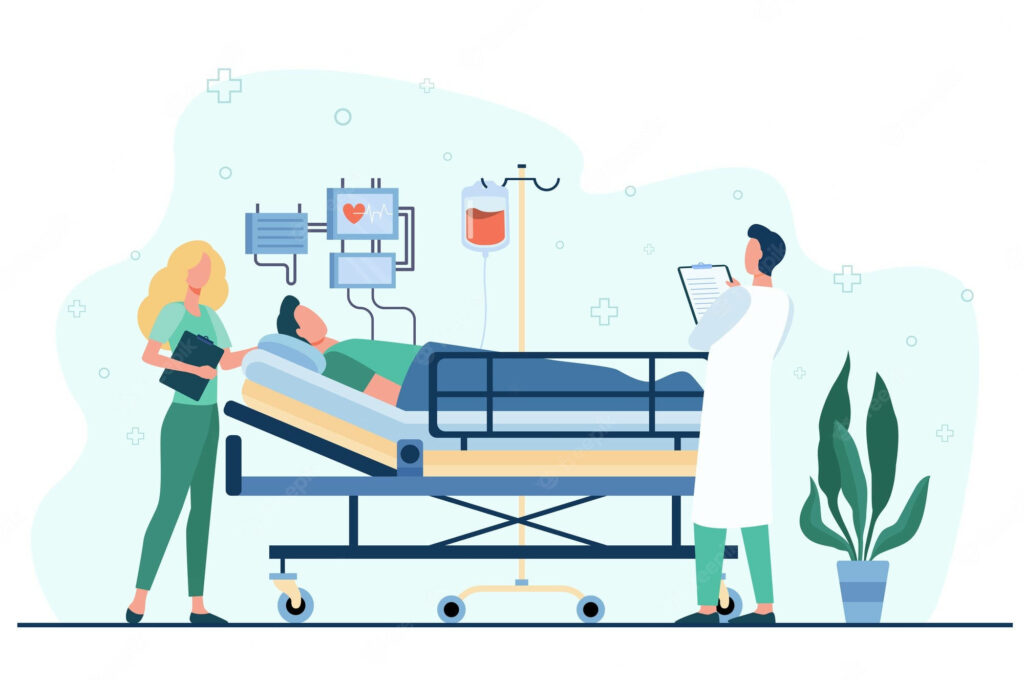 Modern hospital scene with doctor nurse attending patient in bed soft blue green vector art Wallpaper