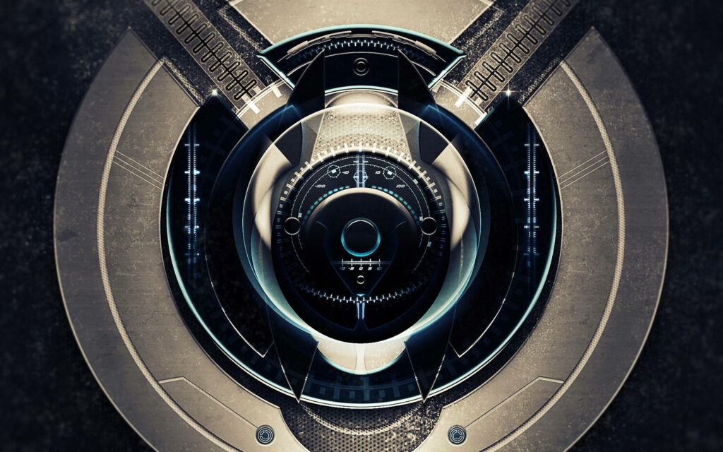 3D silver knob on high-tech digital system with mechanical details futuristic technology wallpaper
