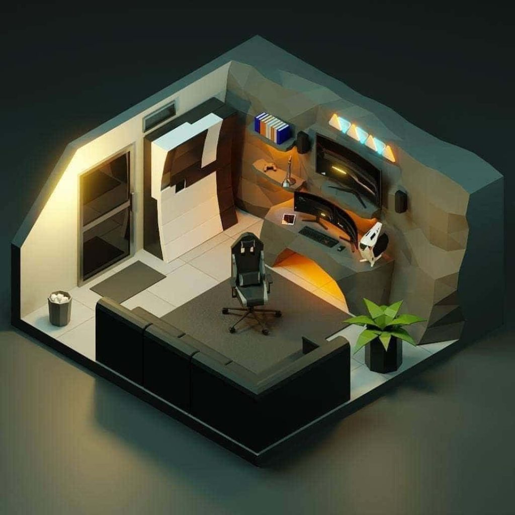 Isometric 3D gaming room with modern chair curved monitors white PC tower and warm orange lighting Wallpaper