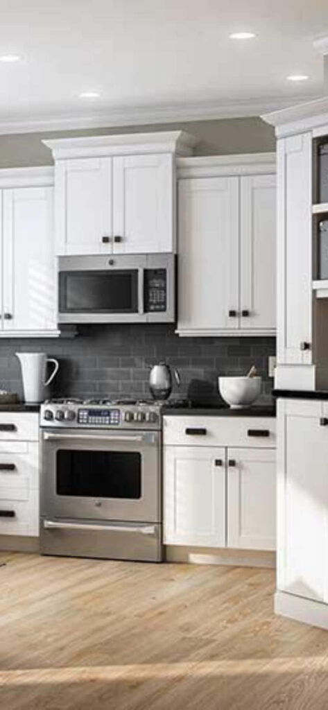 Modern Kitchen Wallpaper: Sleek White Cabinets & Dark Subway Tile
