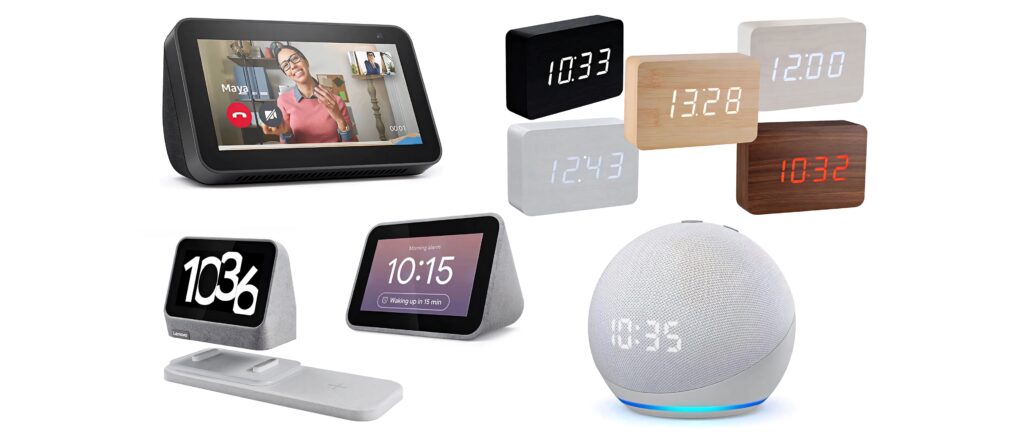 Modern LED alarm clocks in various shapes and finishes with sleek digital displays wallpaper background
