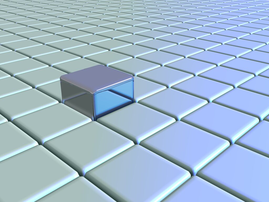 Modern Geometric Background: Glossy Blue Cubes with Focal Transparent Design Wallpaper