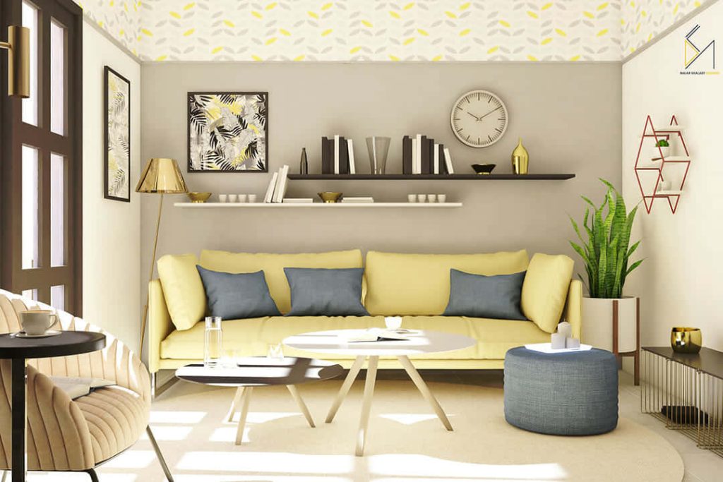 Modern living room virtual Zoom wallpaper with yellow sofa gray pillows coffee tables and shelves