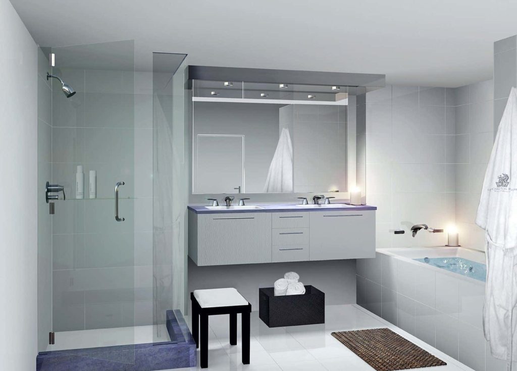 Modern luxury bathroom CGI with double vanity glass shower blue accents and soaking tub Wallpaper