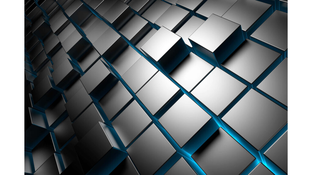 Metallic 3D Cube Wallpaper with Blue Glow - Modern Background Design