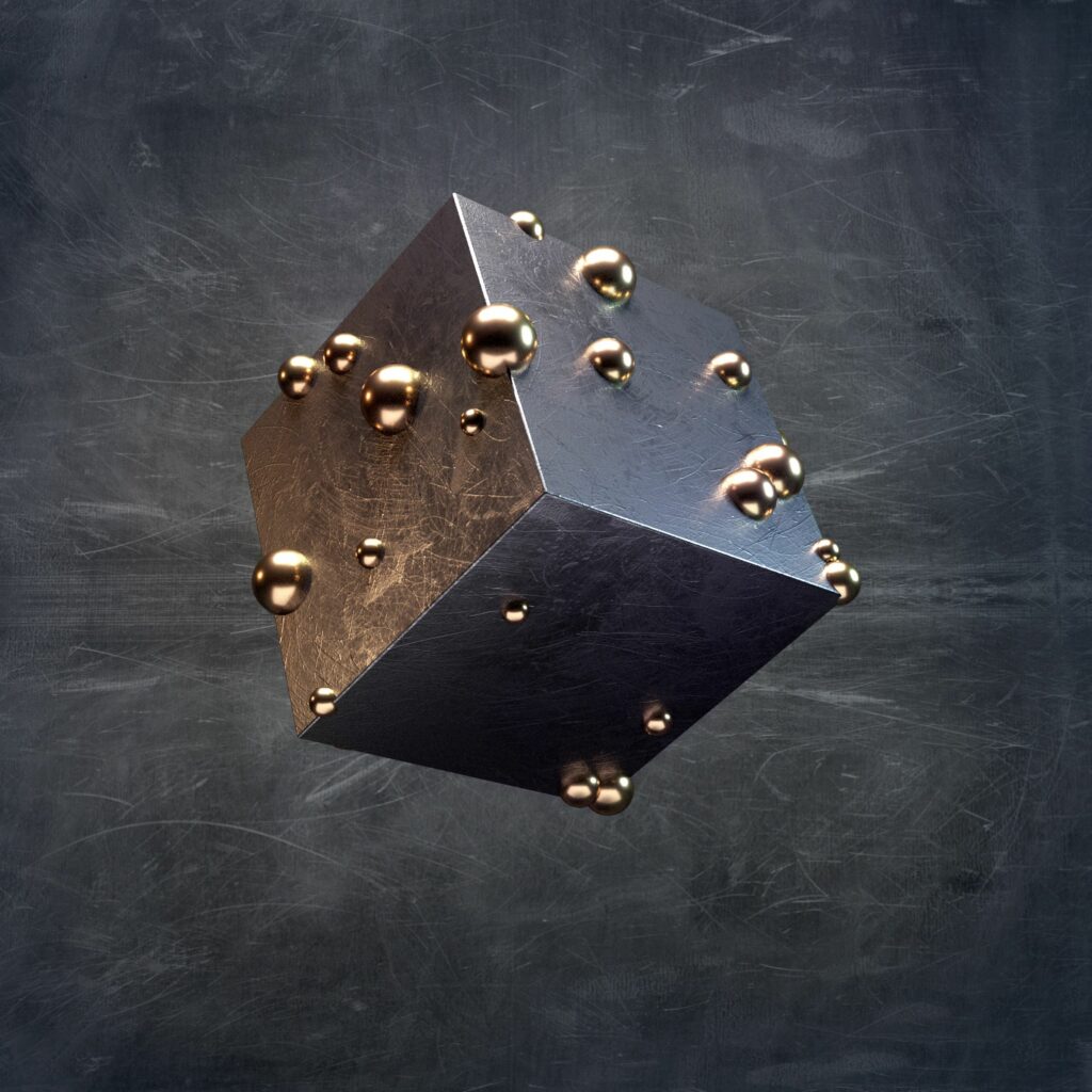 Metallic Cube & Golden Spheres Wallpaper: Modern 3D Design