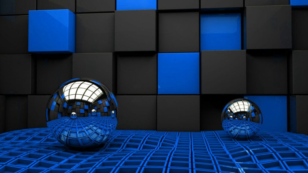Metallic Spheres on Grid: Modern Black & Blue Cube Wallpaper 1920x1080