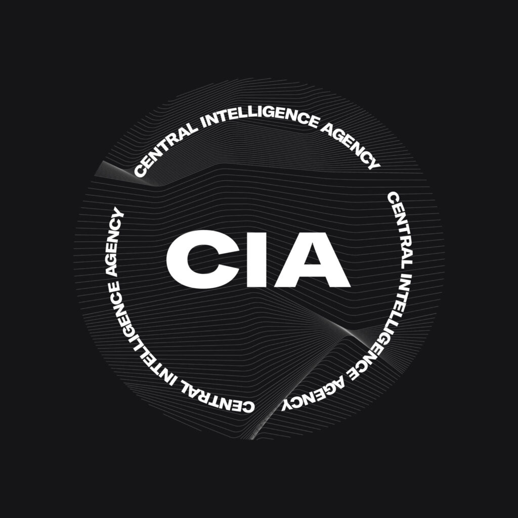 Modern minimalist CIA logo wallpaper with bold white text and dynamic wave circular pattern on black background