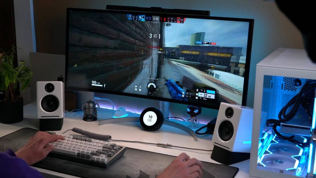 Modern minimalist gaming room wallpaper with white setup ultrawide monitor Rainbow Six Siege blue lights