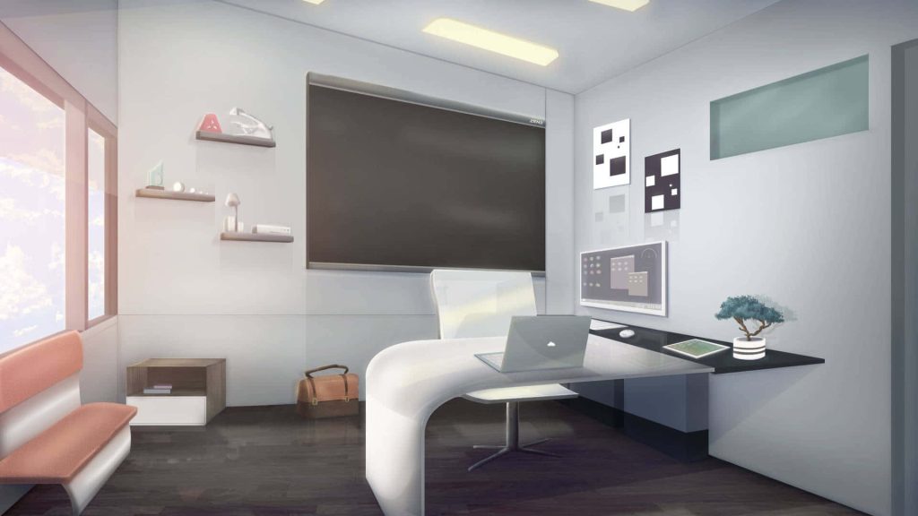 Minimalist home office wallpaper with curved white desk laptop bonsai tree ambient lighting