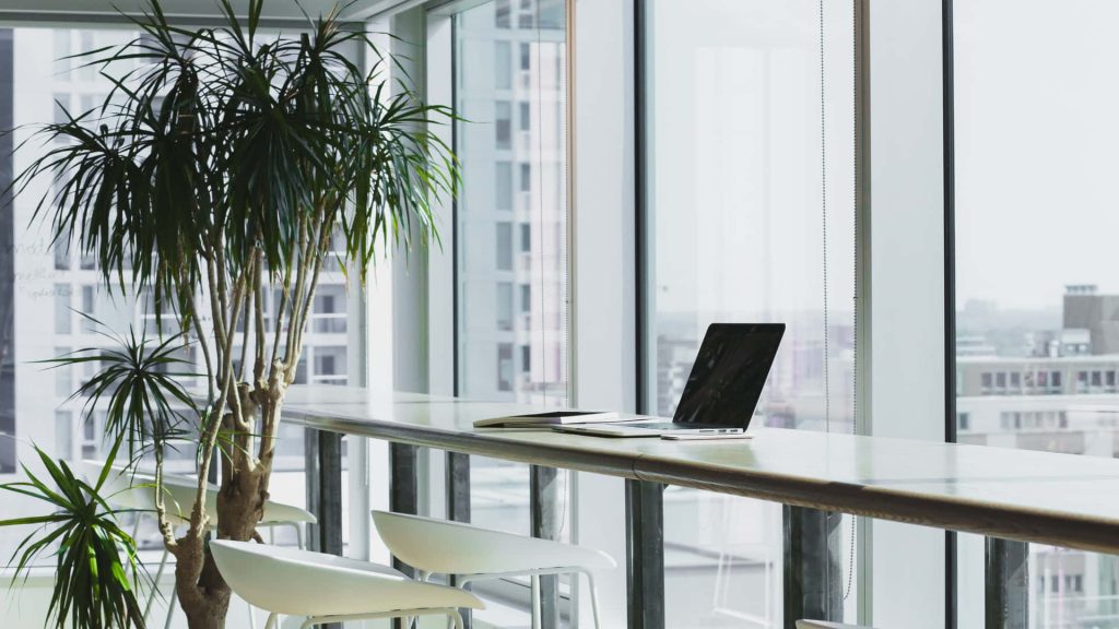 Modern office Zoom background with laptop plant and city skyline for productive remote meetings Wallpaper