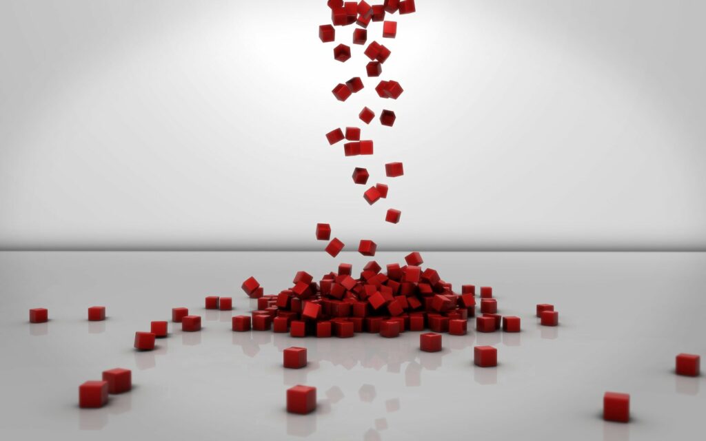 Modern Minimalist Wallpaper: Red Cubes in Mid-Air, Reflective Background