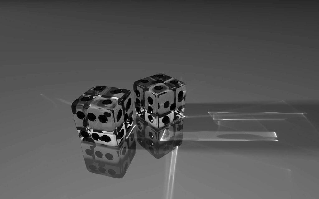 Modern Monochrome Wallpaper: Transparent Glass Dice on Reflective Surface