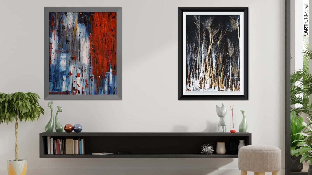 Minimalist Zoom background with floating shelf, books, decor, and framed abstract art pieces Wallpaper