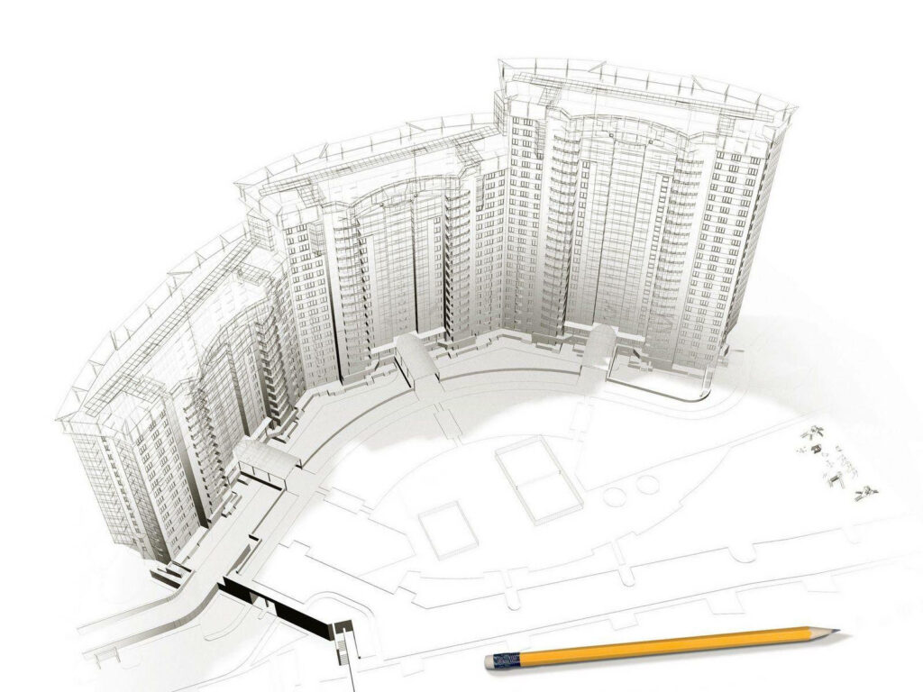 Blueprint of modern multi-story building complex with pencil emphasizing architectural planning Wallpaper