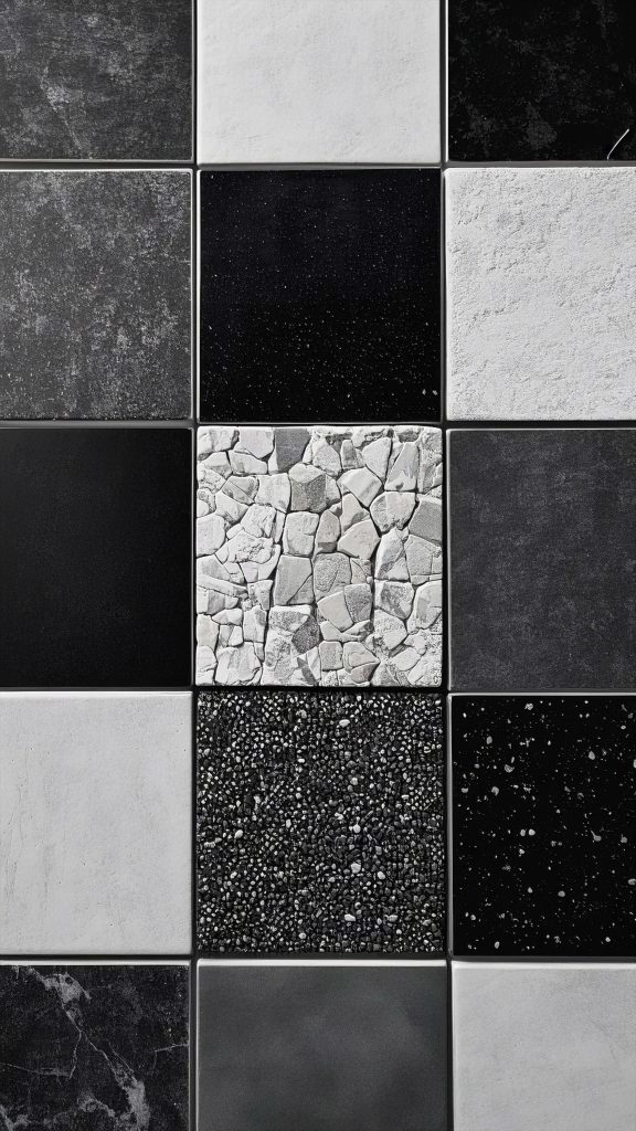 Modern mosaic wallpaper with textured black white and grey stone terrazzo pebble tiles design