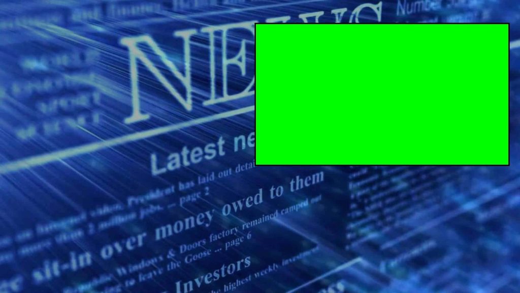 Professional news studio background with blurred headlines deep blue and green chroma key overlay Wallpaper