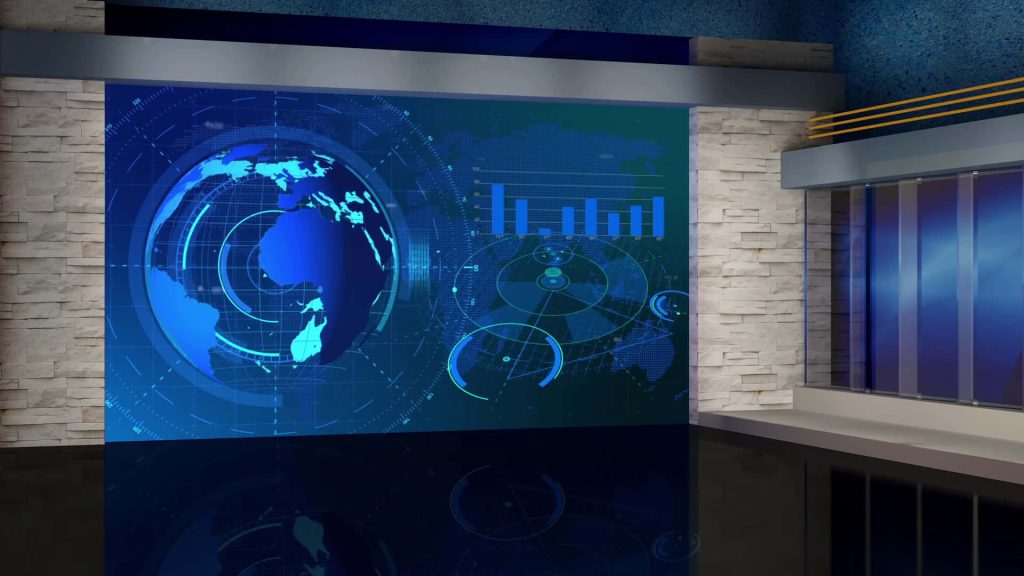 Modern news studio with digital screen glowing blue globe data charts and radar graphics background Wallpaper