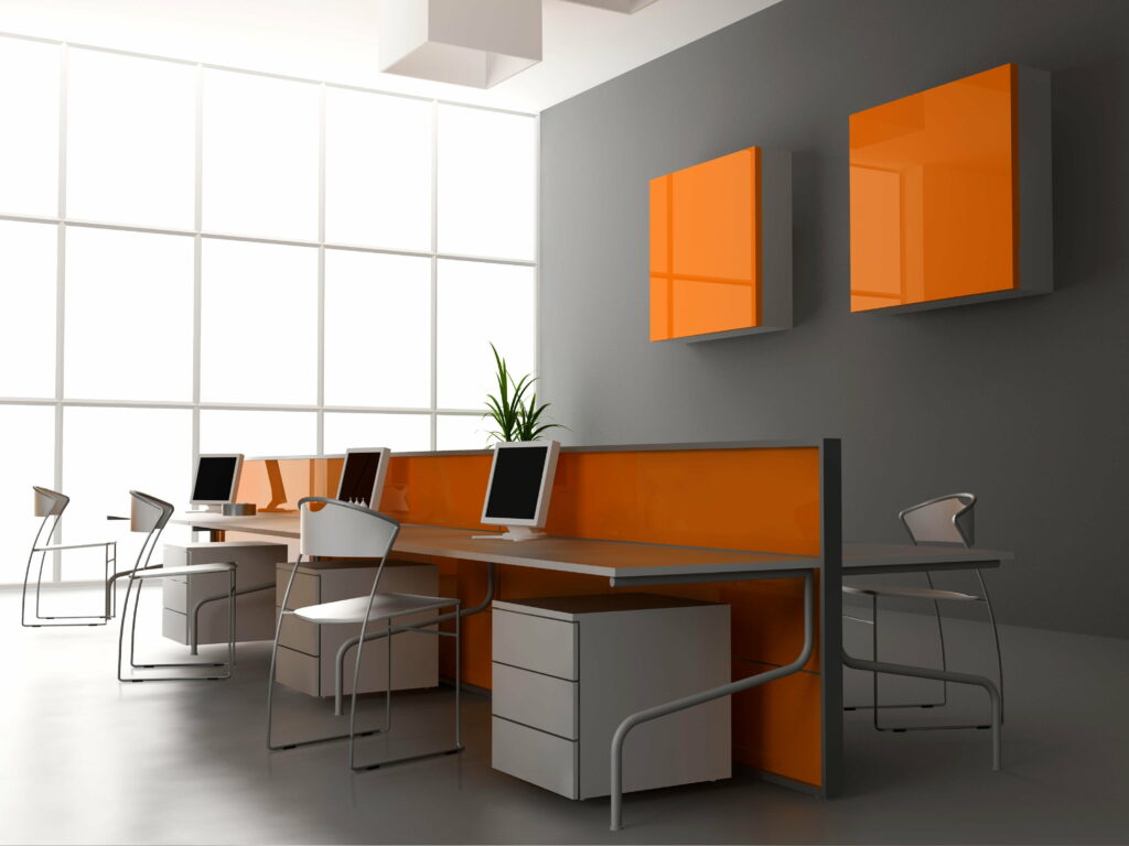 Efficient Workspace: An Inspiring Office Design Showcase with Stylish Tables, Striking Graphics, and High-Performance Computers in 4K Wallpaper