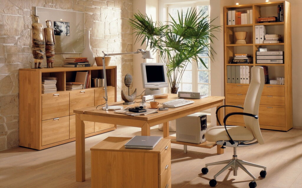 Office Aesthetics: An Inspiring Workspace with Laptop, Computer and Lamp Accentuating the Interior Ambiance Wallpaper