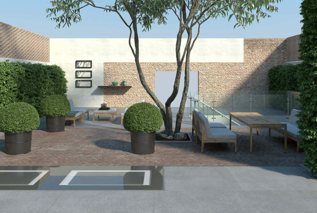 Modern Outdoor Patio Design: Serene Natural Ambiance & Stylish Furniture Wallpaper